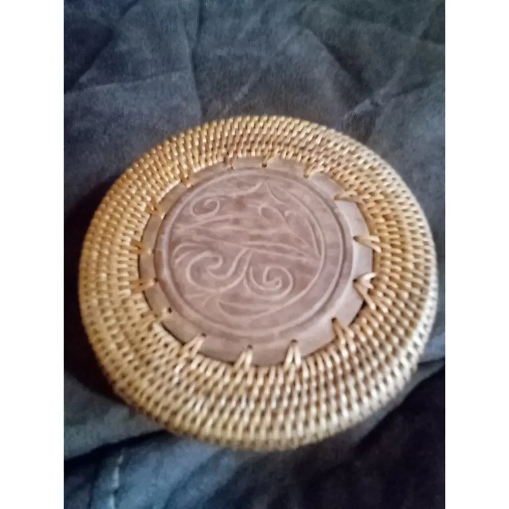 VintageTrinket Basket Indonesian Lombok Woven Oval Wood Carved Lid Natural 4x2